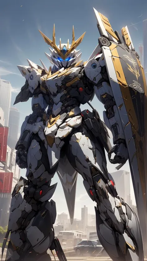 <lora:cnjj_20230628055345:0.7>,mecha robot,no humans,mecha armor,full armor,(black grey color scheme:1.2),glowing blue eyes,city,(cowboy shot:1.2),clenched hand,,mecha musume, mechanical parts, robot joints,(huge shield:1.2),best quality, masterpiece, highly detailed, ultra-detailed,(battle-ready:1.2),(powerful stance:1.3),(Detailed eye description:1.2),(huge mechanical weapon:1.3),