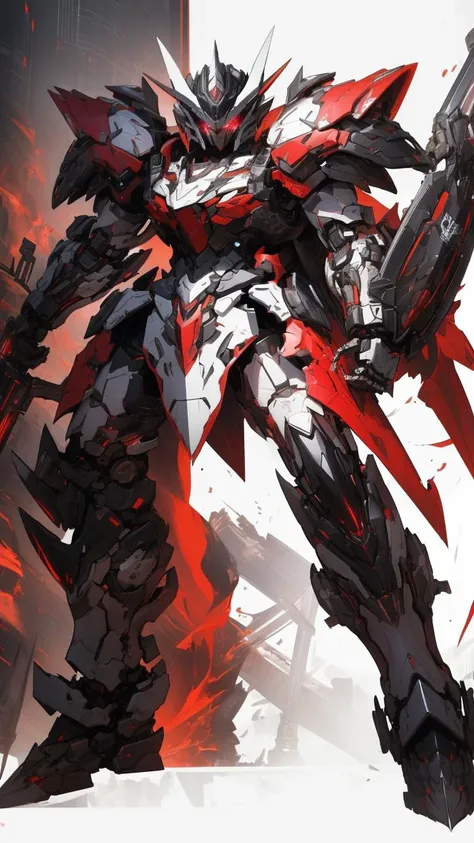 <lora:cnjj_20230628055345:0.7>,mecha robot,no humans,mecha armor,full armor,(red silver color scheme:1.2),glowing red eyes,city,(full body:1.2),clenched hand,<lora:A-Mecha-REN[color_theme,mecha musume, mechanical parts, robot joints,headgear,full armor]:1>,mecha musume, mechanical parts, robot joints,(huge shield:1.2),best quality, masterpiece, highly detailed, ultra-detailed,(battle-ready:1.2),(powerful stance:1.3),(Detailed eye description:1.2),(huge mechanical weapon:1.3),(holding weapon:1.2),(detailed armor description:1.2),