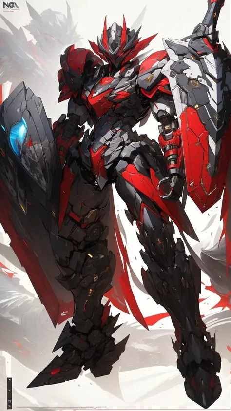 <lora:cnjj_20230628055345:0.7>,mecha robot,no humans,mecha armor,full armor,(red silver color scheme:1.2),glowing red eyes,city,(full body:1.2),clenched hand,<lora:A-Mecha-REN[color_theme,mecha musume, mechanical parts, robot joints,headgear,full armor]:1>,mecha musume, mechanical parts, robot joints,(huge shield:1.2),best quality, masterpiece, highly detailed, ultra-detailed,(battle-ready:1.2),(powerful stance:1.3),(Detailed eye description:1.2),(huge mechanical weapon:1.3),(holding weapon:1.2),(detailed armor description:1.2),