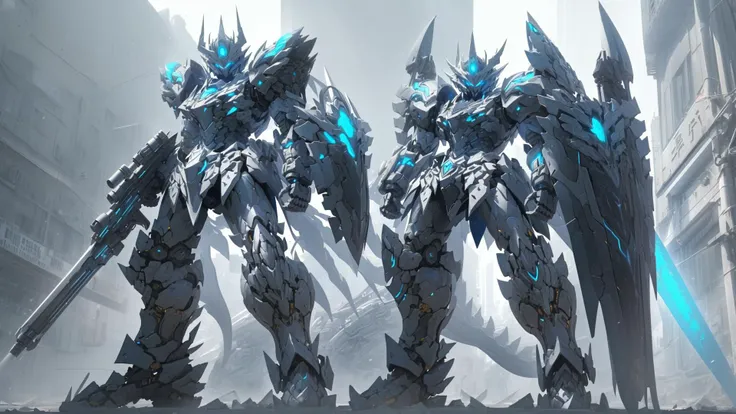 <lora:cnjj_20230628055345:0.7>,mecha robot,no humans,mecha armor,full armor,(grey silver color scheme:1.2),glowing blue eyes,city,(full body:1.2),clenched hand,<lora:A-Mecha-REN[color_theme,mecha musume, mechanical parts, robot joints,headgear,full armor]:1>,mecha musume, mechanical parts, robot joints,(huge shield:1.2),best quality, masterpiece, highly detailed, ultra-detailed,(battle-ready:1.2),(powerful stance:1.3),(Detailed eye description:1.2),(huge mechanical weapon:1.3),(detailed armor description:1.2),(detailed shield description:1.2),(detailed weapon description:1.2),(huge mechanical gun:1.2),(holding gun and weapon :1.3),(Mechanical Dragon:1.2),(more dragon:1.2)