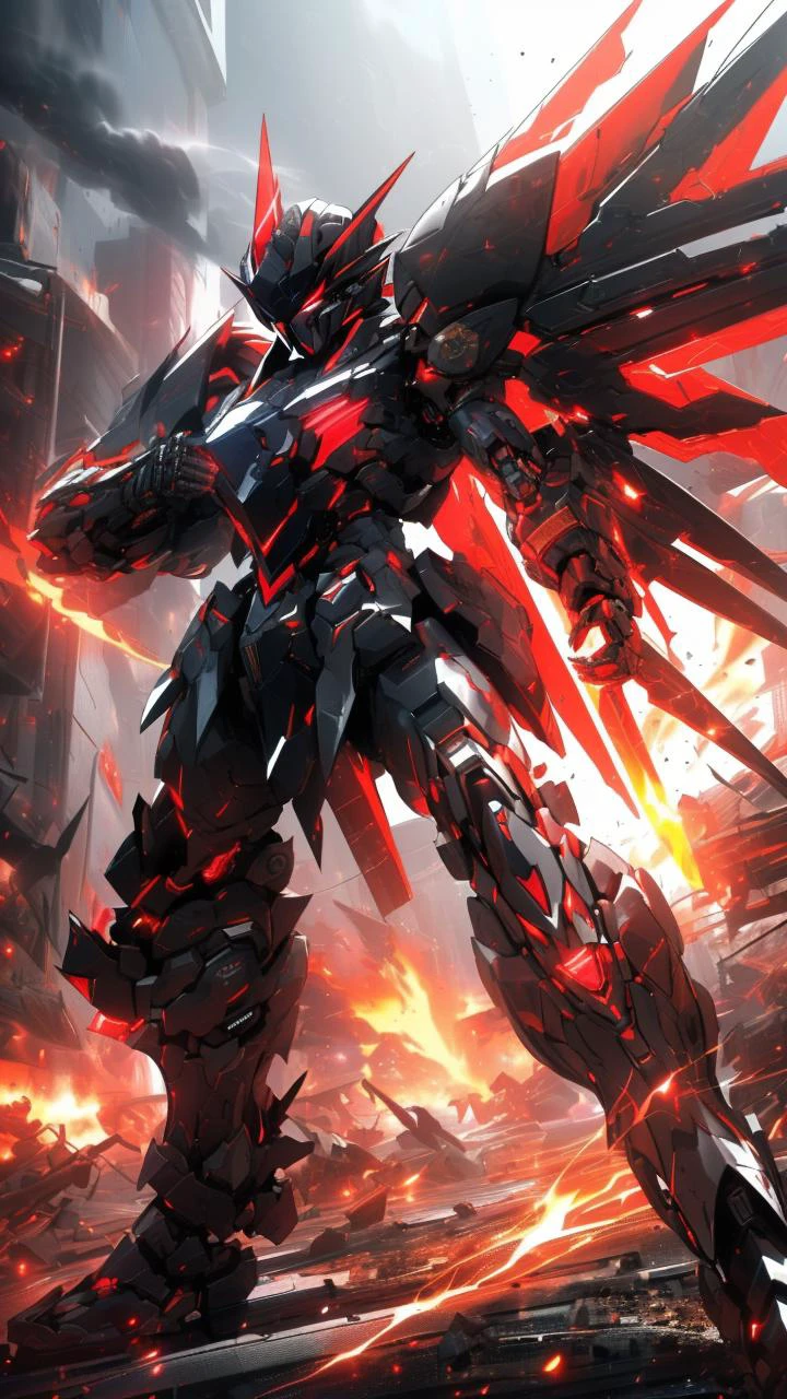 <lora:cnjj_20230628055345:0.8>,(black red color scheme:1.2),(mecha girl:1.3),detailed armor description,glowing red eyes,fierce expression,dynamic pose,floating debris,mechanical parts,intricate design,shiny metallic surface,(high-tech:1.1),(battle-ready:1.2),(:1.3),(sharp edges:1.1),(aggressive posture:1.2),(intense action:1.3),(dramatic lighting:1.1),(smoke and fire effects:1.2),(energy weapons:1.3),(mechanical wings:1.1),(black boots:1.2),(red highlights:1.3),(glowing symbols:1.1),(futuristic background:1.2),(explosions:1.3),(dystopian setting:1.1),(battle scars:1.2),(power aura:1.3),(cybernetic enhancements:1.1),(battlefield debris:1.2),(high-speed motion:1.3),(detailed shading:1.1),(dynamic perspective:1.2),(energy sparks:1.3),(mechanical joints:1.1),(sleek design:1.2),(powerful presence:1.3), <lora:A-Mecha-REN[color_theme,mecha musume, mechanical parts, robot joints,headgear,full armor]:1>,