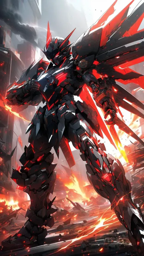 <lora:cnjj_20230628055345:0.8>,(black red color scheme:1.2),(mecha girl:1.3),detailed armor description,glowing red eyes,fierce expression,dynamic pose,floating debris,mechanical parts,intricate design,shiny metallic surface,(high-tech:1.1),(battle-ready:1.2),(:1.3),(sharp edges:1.1),(aggressive posture:1.2),(intense action:1.3),(dramatic lighting:1.1),(smoke and fire effects:1.2),(energy weapons:1.3),(mechanical wings:1.1),(black boots:1.2),(red highlights:1.3),(glowing symbols:1.1),(futuristic background:1.2),(explosions:1.3),(dystopian setting:1.1),(battle scars:1.2),(power aura:1.3),(cybernetic enhancements:1.1),(battlefield debris:1.2),(high-speed motion:1.3),(detailed shading:1.1),(dynamic perspective:1.2),(energy sparks:1.3),(mechanical joints:1.1),(sleek design:1.2),(powerful presence:1.3), <lora:A-Mecha-REN[color_theme,mecha musume, mechanical parts, robot joints,headgear,full armor]:1>,