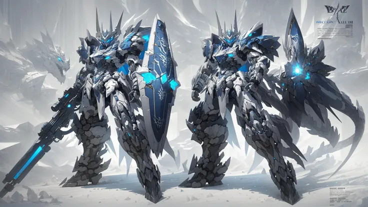 <lora:cnjj_20230628055345:0.7>,mecha robot,no humans,mecha armor,full armor,(grey silver color scheme:1.2),glowing blue eyes,simple background,(full body:1.2),clenched hand,<lora:A-Mecha-REN[color_theme,mecha musume, mechanical parts, robot joints,headgear,full armor]:1>,mecha musume, mechanical parts, robot joints,(huge shield:1.2),best quality, masterpiece, highly detailed, ultra-detailed,(battle-ready:1.2),(powerful stance:1.3),(Detailed eye description:1.2),(huge mechanical weapon:1.3),(detailed armor description:1.2),(detailed shield description:1.2),(detailed weapon description:1.2),(huge mechanical gun:1.2),(holding gun and weapon :1.3),(Mechanical Dragon:1.2)