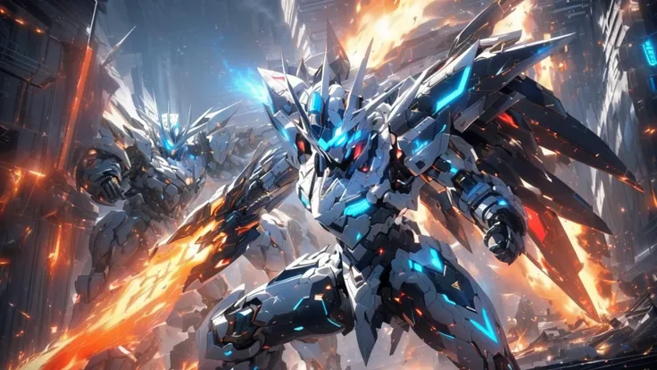 <lora:cnjj_20230628055345:0.8>,(blue silver color scheme:1.2),(mecha girl:1.3),detailed armor description,glowing blue eyes,fierce expression,dynamic pose,floating debris,mechanical parts,intricate design,shiny metallic surface,(high-tech:1.1),(battle-ready:1.2),(powerful stance:1.3),(sharp edges:1.1),(aggressive posture:1.2),(intense action:1.3),(dramatic lighting:1.1),(smoke and fire effects:1.2),(energy weapons:1.3),(mechanical wings:1.1),(black boots:1.2),(red highlights:1.3),(glowing symbols:1.1),(futuristic background:1.2),(explosions:1.3),(dystopian setting:1.1),(battle scars:1.2),(power aura:1.3),(cybernetic enhancements:1.1),(battlefield debris:1.2),(high-speed motion:1.3),(detailed shading:1.1),(dynamic perspective:1.2),(energy sparks:1.3),(mechanical joints:1.1),(sleek design:1.2),(powerful presence:1.3),best quality, masterpiece, highly detailed, ultra-detailed,<lora:A-Mecha-REN[color_theme,mecha musume, mechanical parts, robot joints,headgear,full armor]:1>,(cowboy shot:1.2),