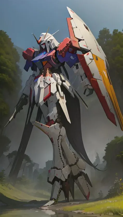 FSS-MH,robot,masterpiece, best quality, ultra-detailed, illustration,(Very lgiant robot:1.5), white body color, (Axisymmetric:1.4), standing, in the middle of a wild, overgrown, wilderness, with weeds and grass, abandoned factory or building in background, gears and machinery scattered around, expression of sorrow or longing, torn wires hanging, looking into the distance, a sense of loneliness, <lora:LoRa_SD1_FSS-MH_a1:0.8>, full body, (Very long leg:1.5), holding weapon, holding, very huge gun, holding Very large shield, msgirl girl, <lora:msgirlLora_v20:0.8>