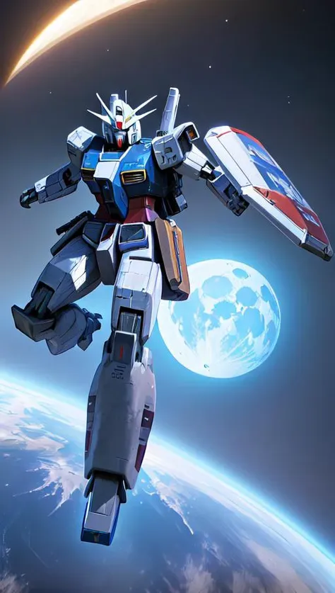 ((masterpiece)), (solo:1.4), a (((mecha))) with sleek and menacing design, glowing eyes, full body, highly detailed, high detailed background, battle, planet, hovering, a huge shield, shoulder armor, mechanical backpak ,science fiction, fighter plane flying over the earth in space with the moon in the background, concept art, space art,