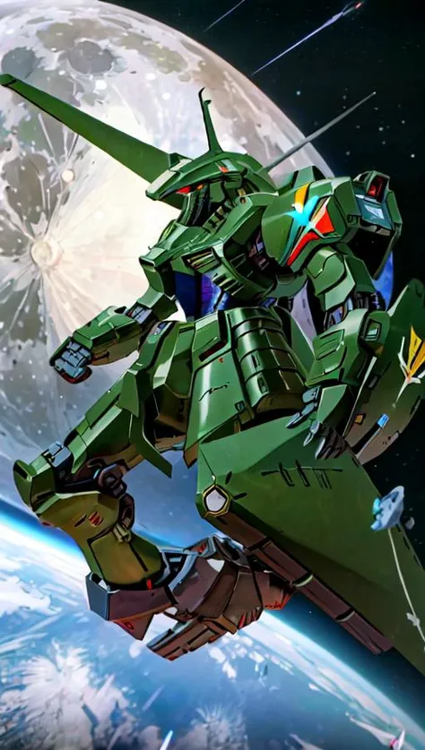 ((masterpiece)), (solo:1.4), a (((mecha))) with sleek and menacing design, glowing eyes, full body, highly detailed, high detailed background, battle, planet, hovering, a huge shield, shoulder armor, mechanical backpak ,science fiction, fighter plane flying over the earth in space with the moon in the background, concept art, space art, <lora:LoRa_SD1_FSS-MH_a1:1>, FSS-MH