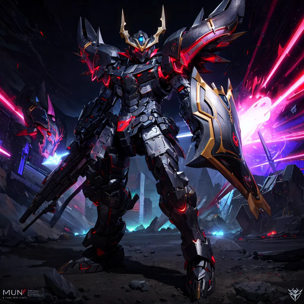 (Mechanical dragon:1.1), best quality, highly detailed, ultra-detailed, masterpiece, 8k wallpaper,black theme, red eyes, bad anatomy, absurdres, highres, super fine illustration, absurdres, solo, game cg, lord,at night, (blacklight:1), (detailed beautiful face and eyes:1), command spell,mecha musume,mask,mechanical parts, robot joints, <lora:A-Mecha-REN[color_theme,mecha musume, mechanical parts, robot joints,headgear,full armor]:1>, <lora:GoodHands-beta2:1>,full armor,full body body,