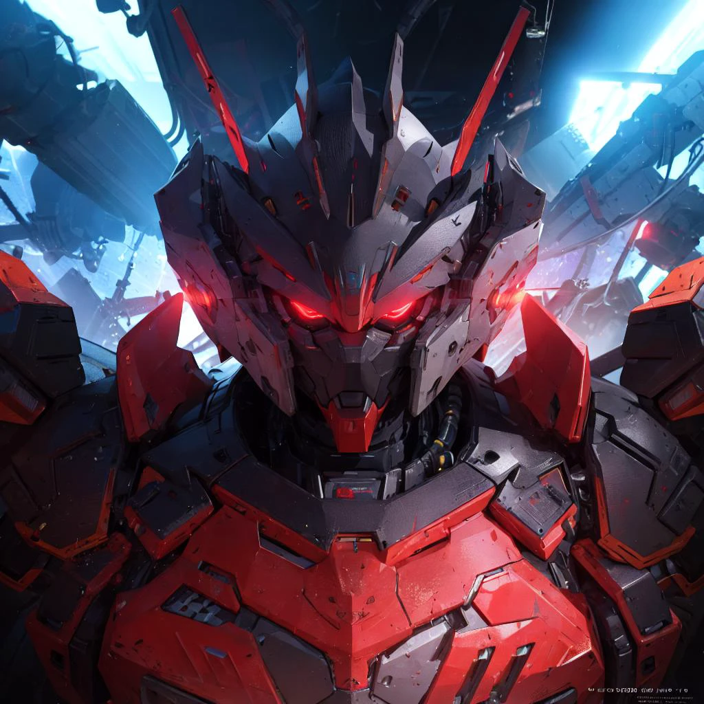 a robot,red eyes,black theme,glowing eyes,solo, outer Space,fighting stance,looking at viewer, portrait
best quality, highly detailed, ultra-detailed, masterpiece, 8k wallpaper, bad anatomy, highres, super fine illustration, game cg, (blacklight:1), command spell,,mechanical parts, robot joints, <lora:GoodHands-beta2:1>,headgear,full armor, mecha,mask