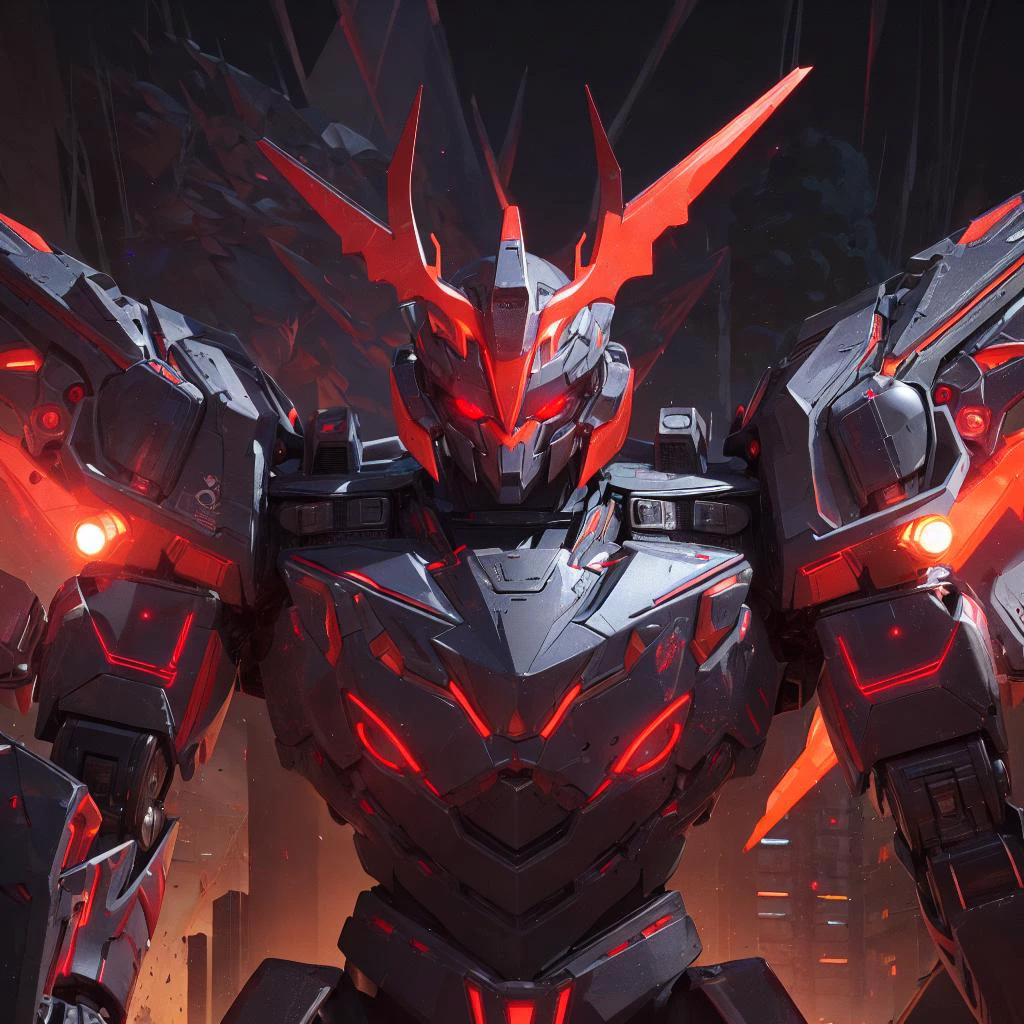 a robot,red eyes,black theme,city,glowing eyes,solo, lord,at night,
best quality, highly detailed, ultra-detailed, masterpiece, 8k wallpaper, bad anatomy, highres, super fine illustration, game cg, (blacklight:1), command spell,,mechanical parts, robot joints, <lora:GoodHands-beta2:1>,headgear,full armor, mecha,mask