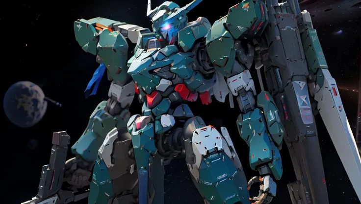 a robot, best quality,highly detailed, ultra-detailed, masterpiece, 8k wallpaper, (very large mecha:1.2) , sci-fi guns ,realistic guns, machine guns, black armor, blue eyes, (Axisymmetric:1.4),(HDR), (cinematic light:1.1) , space, absurdres, highres, super fine illustration, absurdres, solo, game cg, lord, (Robot flying in the space:1.5), (planet background:1.5), (detailed beautiful face and eyes:1.0), command spell, (macha face:1.5), (mask:1.2), mechanical parts, robot joints, full armor,(huger body:1.3),glowing eyes, mecha, holding weapon,(holding huge weapon:1.5), holding Very large shield, (long leg), science fiction, fire, laser canon beam, war, conflict, <lora:nijiMecha:1>, <lora:mechagirl_v1a:0.8> mechagirl girl,