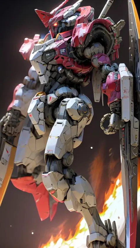 a robot, best quality,highly detailed, ultra-detailed, masterpiece, 8k wallpaper, (very large mecha:1.2) , sci-fi guns ,realistic guns, machine guns, bad anatomy, (Axisymmetric:1.4),(HDR), (cinematic light:1.1) , space, absurdres, highres, super fine illustration, absurdres, solo, game cg, lord, at night, (Robot flying in the space:1.5), (detailed beautiful face and eyes:1.0), command spell, macha face, mask, mechanical parts, robot joints, full armor,(huger body:1.3),glowing eyes, mecha, holding weapon,(holding huge weapon:1.5), holding Very large shield, (long leg), science fiction, fire, laser canon beam, war, conflict, <lora:nijiMecha:1.2>,<lora:flat2:-1>