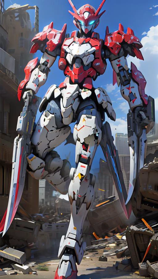 a robot, best quality,highly detailed, ultra-detailed, masterpiece, 8k wallpaper, (dynamic pose:1.5), (very large mecha:1.2) , sci-fi guns ,realistic guns, machine guns, black armor, blue eyes, (Axisymmetric:1.4),(HDR), (cinematic light:1.1) , space, absurdres, highres, super fine illustration, absurdres, game cg, lord, (Robot flying in the sky:1.5), ( destroyed city background:1.5), (detailed beautiful face and eyes:1.0), command spell, (macha face:1.5), (mask:1.2), mechanical parts, robot joints, full armor,(huger body:1.3),glowing eyes, mecha, holding weapon,(holding huge weapon:1.5), holding Very large shield, (long leg), science fiction, fire, laser canon beam, war, conflict, <lora:nijiMecha:1>, <lora:mechagirl_v1a:0.8> mechagirl girl,