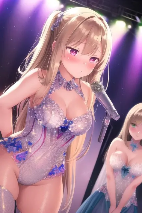 realistically, 2 girls, twintail, longhair, brown eyes, glowing eyes, white short skirt, Blush, daytime, sweat, see through, dancing, Strapless, nipples, pussy, , crotch, concert stage, smile, open skirt,