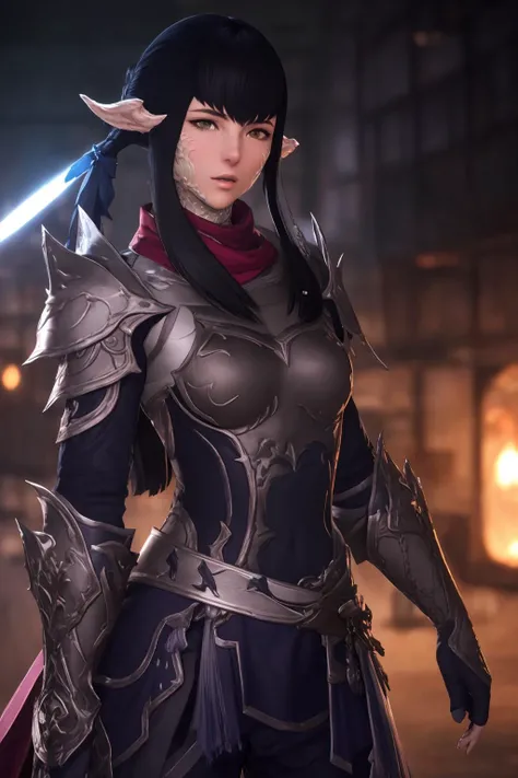 masterpiece, 8k, perfect ligthing, adult, female, looking at viewer, cinematic lighting, aura, ,black hair, avatar \(ff14\),scales,Yugiri,bangs,armor,shoulder armor, <lora:Yugiri:0.7>closed mouth, lips, cowboy shot,clothing cutout,au ra, blurry background,ribbon, fighting stance,