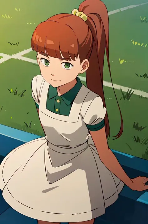 cowboy shot, straight-on, light smile, <lora:mon_gi:0.75> mg, green eyes, red hair, blunt bangs, ponytail, side ponytail, <lora:alice_in_wonderland_outfit-base-anylora-v1-1-1-000019_1_BiiIiMoOOo_WOF:1> aliceinwonderlandoutfit,, ultra detailed, masterpiece, best quality,