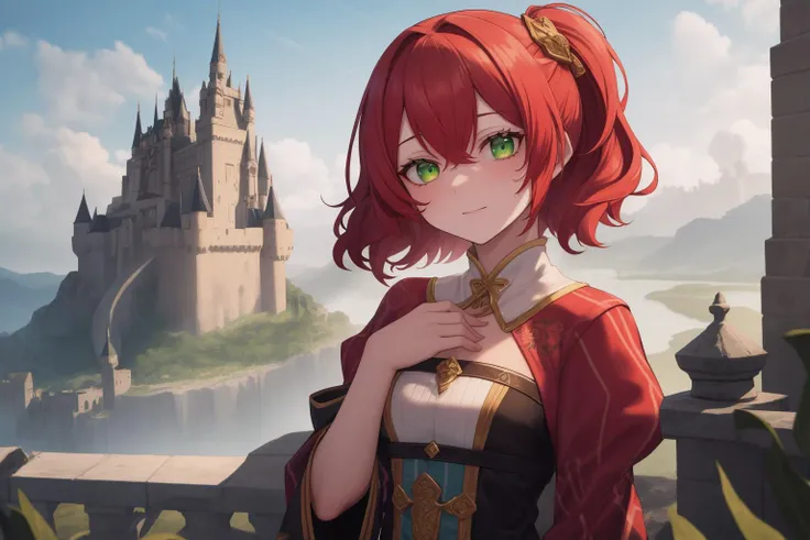 (masterpiece, best quality, ultra detailed, beautiful illustration), (oil painting:1.4), atmospheric perspective, (fantasy atmosphere, elaborate atmosphere:1.4), depth of field, looking at viewer, beautiful detailed eyes, <lora:OGT_Stella_Vermillion-v2:0.7>, 1girl, (portrait, close-up), dynamic pose, dynamic angle, (huge breasts:1.2), warm smile, Stella Vermillion, red hair, long hair, red eyes, two side up, hair ribbon, purple, hair between eyes, twintails, ribbon, yellow ribbon, hair ribbon, shirt, neck ribbon, purple ribbon, school uniform, twintails, white shirt, (outdoors:1.5, medieval castle:1.5)
