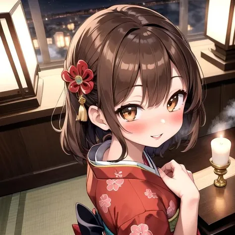 from above, 1girl, medium breasts, brown hair, brown eyes, face, portrait, indoors, smile, parted lips, kimono, bare shoulders, kanzashi, collarbone, luxury japanese room, jewelry, steam, wet, night, candle