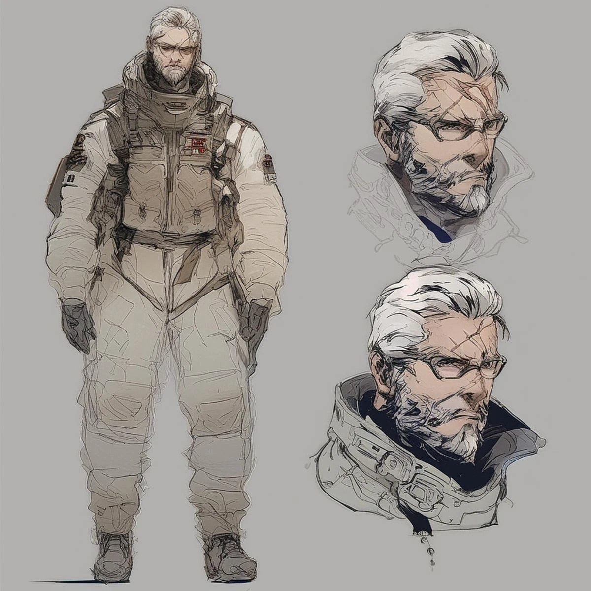 score_9, score_8_up, score_7_up, score_6_up, reference sheet, Character Sheet, Sketch, Multiple Views, astronaut with sniper rifle soldier, white hair, beard, glasses, concept art, scar on nose, yojishinkawa, <lora:MGS_V3_Pony:1>