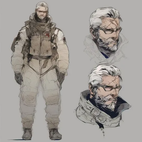 score_9, score_8_up, score_7_up, score_6_up, reference sheet, Character Sheet, Sketch, Multiple Views,  astronaut with sniper rifle soldier, white hair, beard, glasses, concept art, scar on nose, yojishinkawa, <lora:MGS_V3_Pony:1>