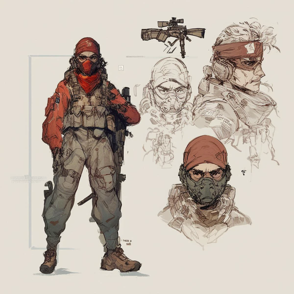 score_9, score_8_up, score_7_up, score_6_up, reference sheet, Character Sheet, Sketch, Multiple Views, aiming gun, astronaut with sniper rifle soldier, mask, concept art, red bandana, scar on nose, yojishinkawa, <lora:MGS_V3_Pony:1>