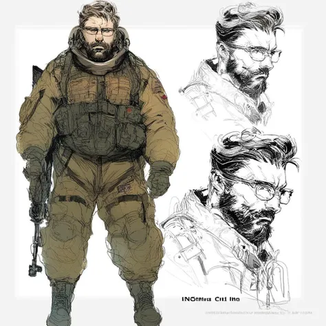 score_9, score_8_up, score_7_up, score_6_up, reference sheet, Character Sheet, Sketch, Multiple Views,  astronaut with sniper rifle soldier, hair, beard, glasses, concept art, yojishinkawa, <lora:MGS_V3_Pony:1>