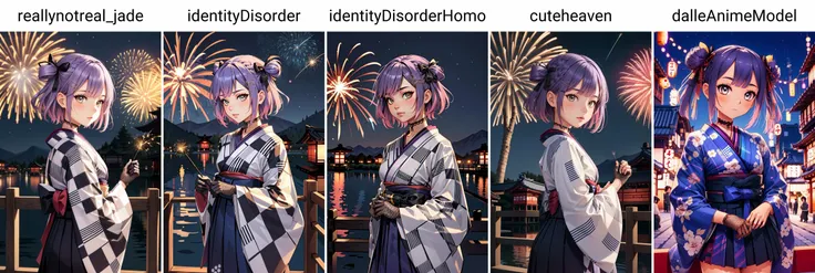 (masterpiece, best quality), intricate details,
1girl, <lora:tokoyami_towa_v1:0.8> cctowa, short hair, two side up, hair ribbonhair ornament, lace choker, plaid, japanese clothes, (checkered kimono:1.1), wide sleeves, fishnet gloves, hakama skirt,
night, outdoors, japanese village, starry sky, fireworks, obon,