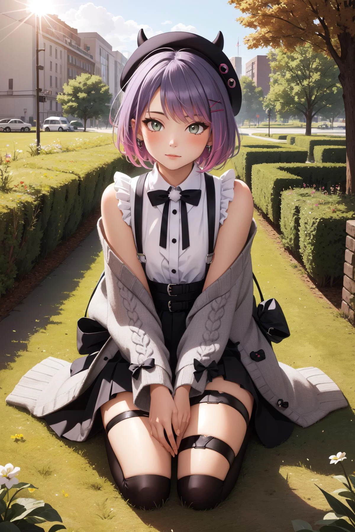 (masterpiece, best quality), intricate details,
1girl, <lora:tokoyami_towa_v1:0.8> bbtowa, short hair, black headwear, beret, fake horns, hair ornament, piercing, demon tail, black bowtie, white shirt, sleeveless, off shoulder, grey cardigan, open clothes, sleeves past wrists, black skirt, suspender skirt, thigh strap,
seiza, picnic, outdoors, grass, trees, sun,