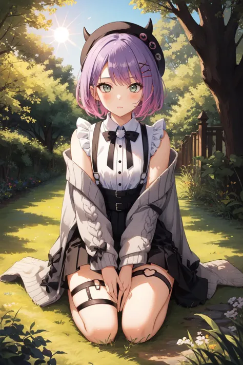 (masterpiece, best quality), intricate details,
1girl, <lora:tokoyami_towa_v1:0.8> bbtowa, short hair, black headwear, beret, fake horns, hair ornament, piercing, demon tail, black bowtie, white shirt, sleeveless, off shoulder, grey cardigan, open clothes, sleeves past wrists, black skirt, suspender skirt, thigh strap,
seiza, picnic, outdoors, grass, trees, sun,