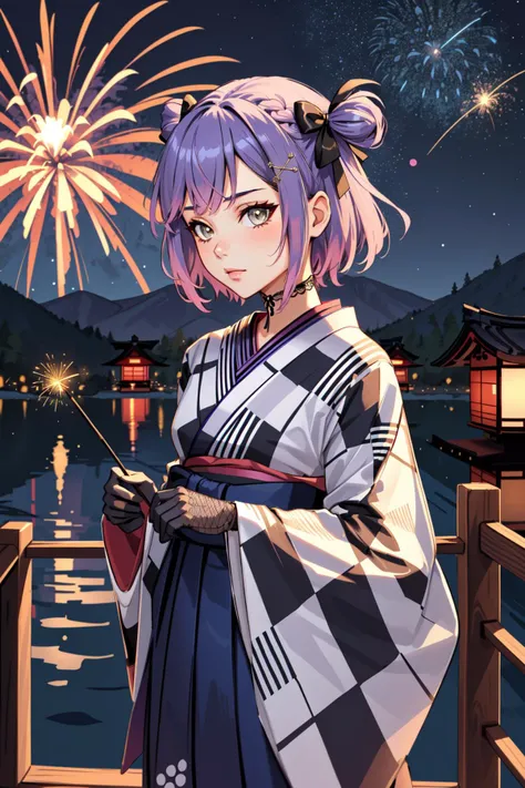 (masterpiece, best quality), intricate details,
1girl, <lora:tokoyami_towa_v1:0.8> cctowa, short hair, two side up, hair ribbonhair ornament, lace choker, plaid, japanese clothes, (checkered kimono:1.1), wide sleeves, fishnet gloves, hakama skirt,
night, outdoors, japanese village, starry sky, fireworks, obon,