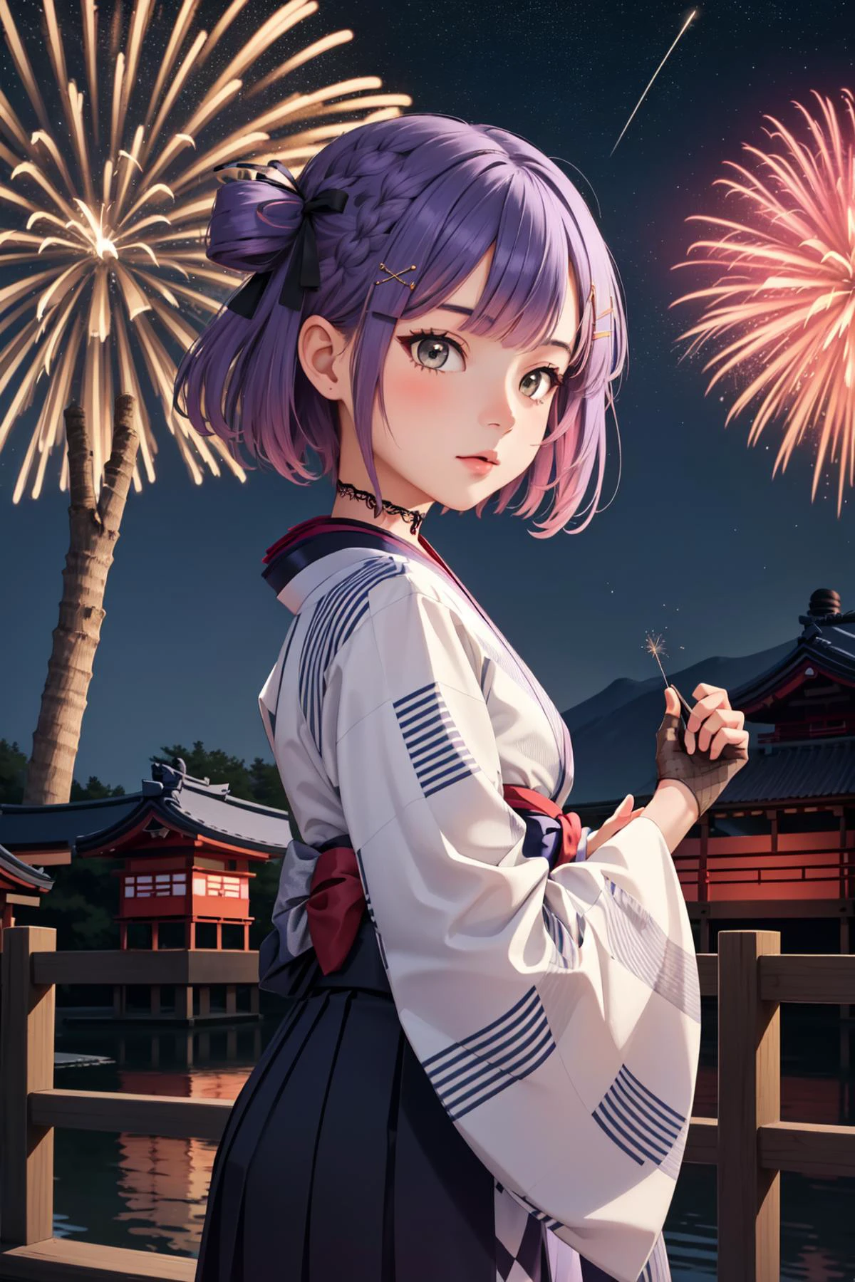 (masterpiece, best quality), intricate details,
1girl, <lora:tokoyami_towa_v1:0.8> cctowa, short hair, two side up, hair ribbonhair ornament, lace choker, plaid, japanese clothes, (checkered kimono:1.1), wide sleeves, fishnet gloves, hakama skirt,
night, outdoors, japanese village, starry sky, fireworks, obon,