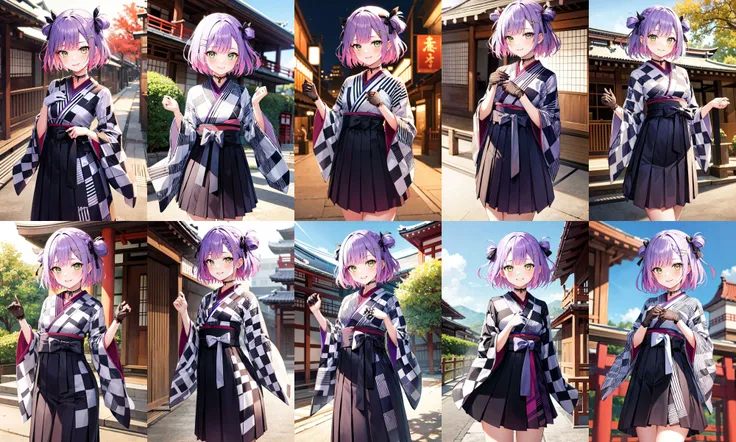 masterpiece, best quality, highres, cctowa, short hair, two side up, hair ribbonhair ornament, lace choker, plaid, japanese clothes, (checkered kimono:1.1), wide sleeves, fishnet gloves, hakama skirt, <lora:tokoyami_towa_v1:0.7>, cowboy shot, standing, smile, outdoor