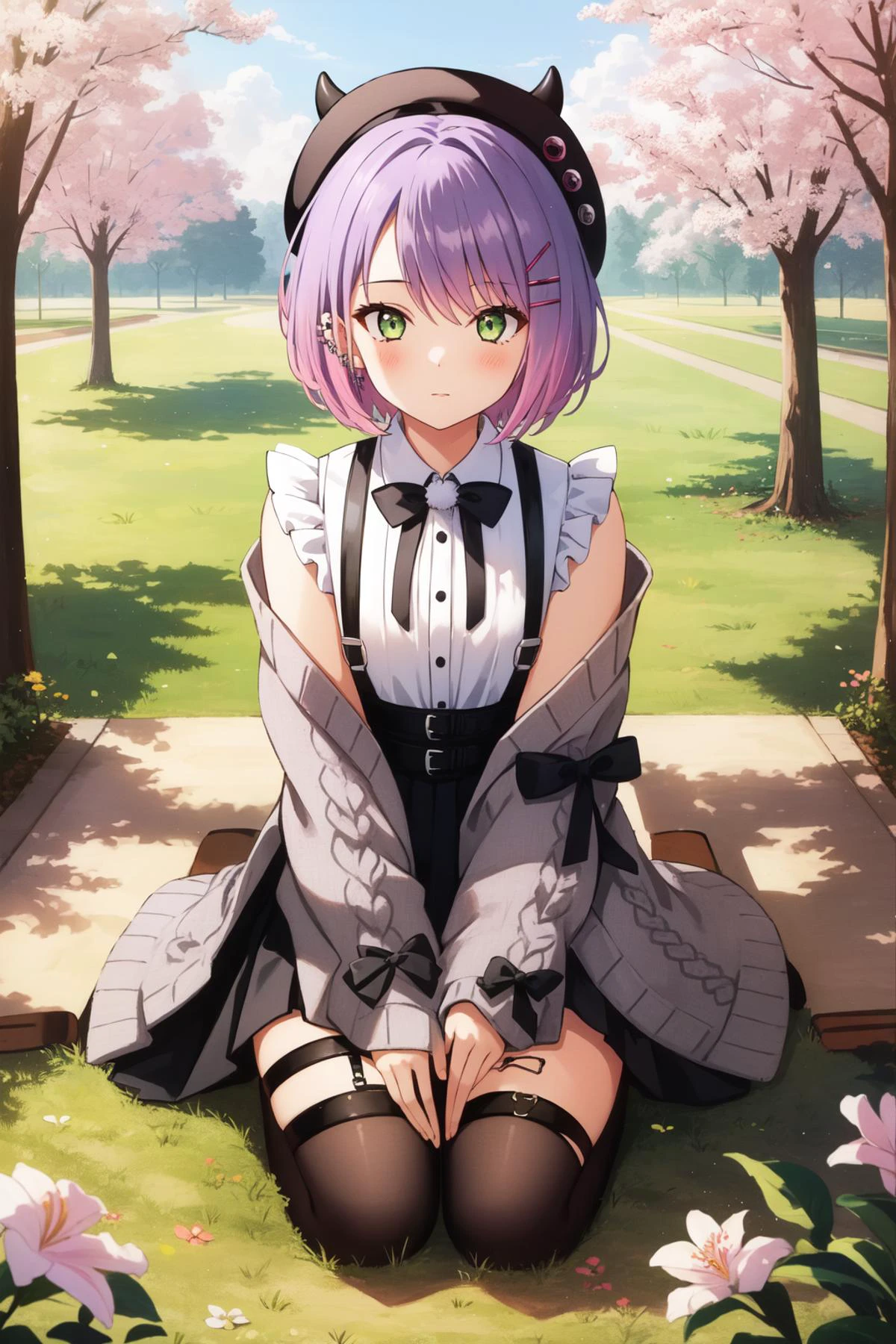 (masterpiece, best quality), intricate details,
1girl, <lora:tokoyami_towa_v1:0.8> bbtowa, short hair, black headwear, beret, fake horns, hair ornament, piercing, demon tail, black bowtie, white shirt, sleeveless, off shoulder, grey cardigan, open clothes, sleeves past wrists, black skirt, suspender skirt, thigh strap,
seiza, picnic, outdoors, grass, trees, sun,
