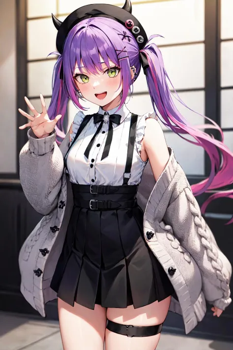 Anime girl with purple hair and black and white outfit posing - SeaArt AI
