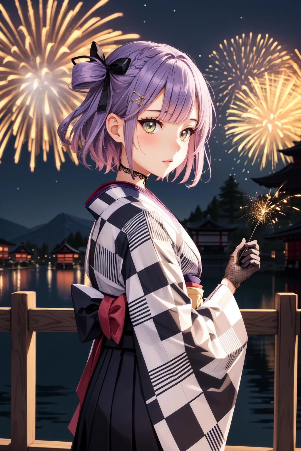 (masterpiece, best quality), intricate details,
1girl, <lora:tokoyami_towa_v1:0.8> cctowa, short hair, two side up, hair ribbonhair ornament, lace choker, plaid, japanese clothes, (checkered kimono:1.1), wide sleeves, fishnet gloves, hakama skirt,
night, outdoors, japanese village, starry sky, fireworks, obon,