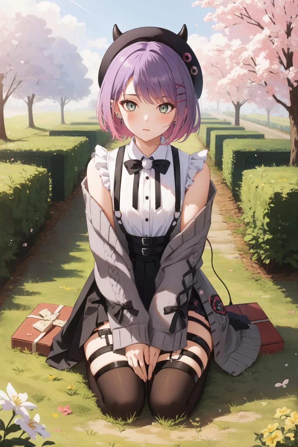 (masterpiece, best quality), intricate details,
1girl, <lora:tokoyami_towa_v1:0.8> bbtowa, short hair, black headwear, beret, fake horns, hair ornament, piercing, demon tail, black bowtie, white shirt, sleeveless, off shoulder, grey cardigan, open clothes, sleeves past wrists, black skirt, suspender skirt, thigh strap,
seiza, picnic, outdoors, grass, trees, sun,