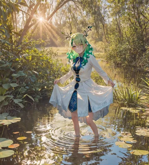 (ceres fauna, green hair, yellow eyes, antlers, mole under eye), outdoors, water only, reflection,panorama, day,, 1girl, solo, happy, (photo background:1.2), (realistic:0.5), scenery, shadow, sunbeam, dress, (curtsey:1.2), looking at viewer, (bowing:0.7), skirt hold, barefoot, wading, caustics, water lily, pond, dappled sunlight, sun,