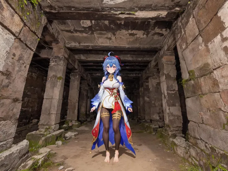 best quality, 1girl, ahoge, bare shoulders, bell, black pantyhose, blue hair, blush, breasts, chinese knot, detached sleeves, flower knot, gold trim, horns, long hair, neck bell, pantyhose, purple eyes, sidelocks, tassel, thighlet, ganyu /(genshin impact/),
shadow, standing, looking at viewer, upper body, (smile:0.7), standing, (photo background:1.2), (realistic:0.3), ancient ruins found underground, with overgrown walls and pillars and a enchanting atmosphere, barefoot, scenery,
