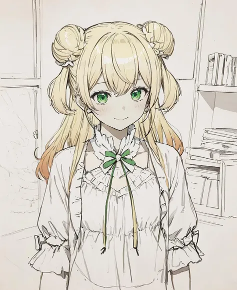 best quality, momosuzu nene, hololive, blonde hair, gradient hair, green eyes, long hair, two side up, double bun, , upper body, (smile:0.8), standing, (realistic:0.3), paper, sketch, (linear hatching:1.1), lineart, room,