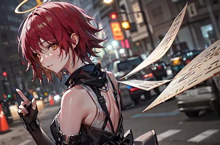 exusiaioriginal,1girl, halo,(look back:1.1),backlight,on the street,(black long skirt:1.2, long skirt:1.1),(bare Offshoulders),elbow gloves,grin,on eye closed,day,noon,sunshine,side view,upper body,short hair,<lora:ArknightsExusiai_v10:0.55>, (masterpiece, finely detailed beautiful eyes: 1.2),volumetric lighting, detailed eyes, hyper detailed, highly detailed, beautiful, small details, ultra detailed, best quality, intricate, detailed, beautiful lighting, award-winning, photorealistic, realistic shadows, realistic lighting, raytracing, intricate details, (illustration:1.1), highres, (extremely detailed CG, unity), beautiful face, highly detailed face, ultra realistic, bokeh, extremely detailed, intricate, zoomout, colorful, good anatomy,vibrant colors