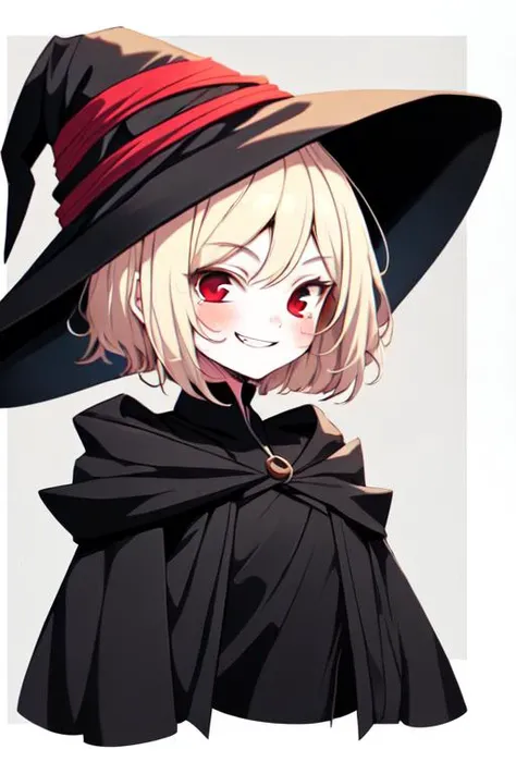 Mavis Wanzeki(young female teen witch, mischievous smile, blonde pixie-cut hair, small frame, small bust, red eyes, round face) wearing(tight black witch robes, Small witch hat)