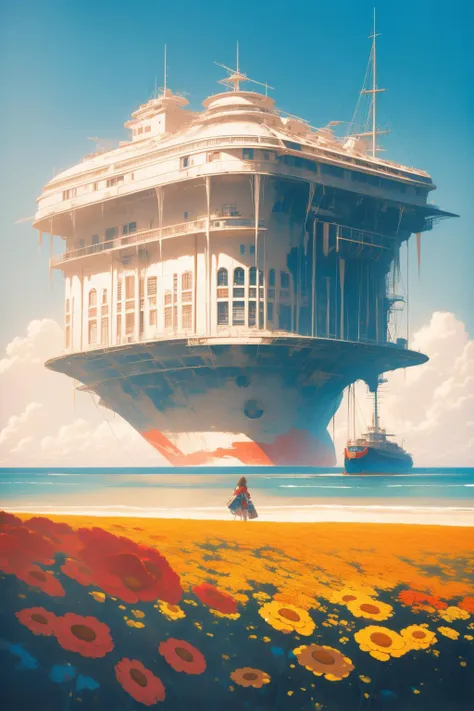 1girl, [ (art by Peter Elson:0.8) : (Carl Kleiner:1.2) : (Stanley Kubrick:1.1) : (Greg Staples:1.3) :14], epic Airbrush painting, mundane Anime, grand wall Graffiti, majestic, 3/4 view of a [Textile|Nerdy] Symbolic ("The First Investigation":1.3) , surreal, Weird Floating hotel in background, crowded beach with Marigolds, Hurricane, horizon-centered, Graphic novel, Lonely, Primitivism Art, Light caustics, telephoto lens, Film grain, dark pink palette, Encaustic Paint, 4K, High quality