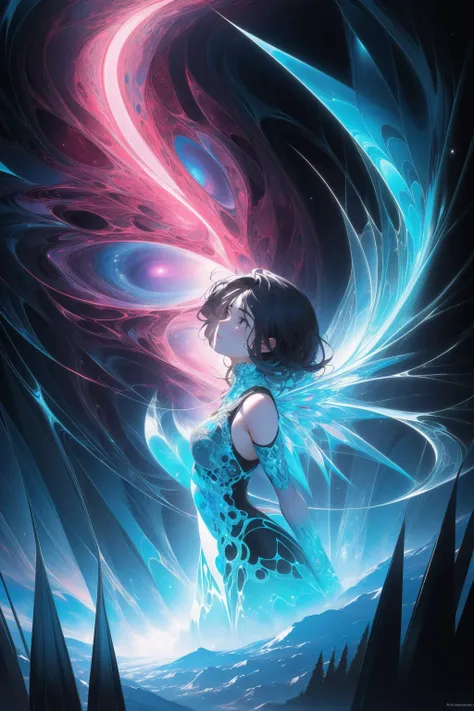 Ultra detailed illustration of the silhouette of a woman, phantasmagorical figure, (((translucent skin:1.5))), (((translucent body:1.5))), art by Mschiffer, neon lights, light particles, colorful, cmyk colors, backlit