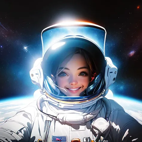 A photorealistic portrait of an astronaut with a warm smile, Earth reflected in their helmet visor. Focus on the details of their spacesuit and the vastness of space in the background.