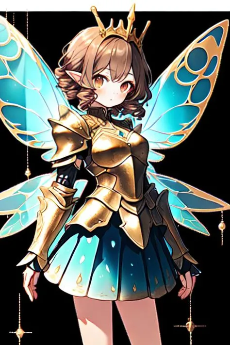 Tia(Tiny cute female fairy, 4 transparent blue wings, medium bust, brown hair curly, golden eyes) wearing an armored dress, pleated metal skirt