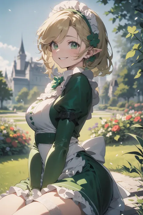 masterpiece, (best quality, ultra-detailed:1.6), (ultra high res:1.5),super fine (anime),(sharp focus:1.1), (insanely detailed:1.3),(detailed face:1.1),(perfect anatomy), delicate (cel animation),
from front view, 1 anime sexy girl,(cute face:1.1),sexy body, sexy big breasts, blonde straight hair,single three-leaf clover hairpin, (pointy ears),green eyes, tareme, kindly smile,(St Patrick's Day, flower blooming sunny Castle garden scape:1.3),in Ashford Castle,no holding,outdoor,beautiful ruffle (edwardian (green:1.4) maid uniform:1.3),white thighhigh,cowboy shot,sitting