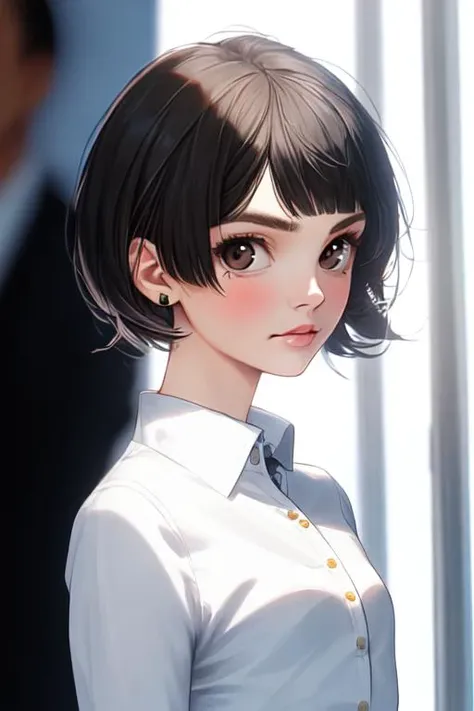 Josie Burch(Short Swedish woman, round face, black bopped hair, brown eyes, small bust) wearing(business casual)