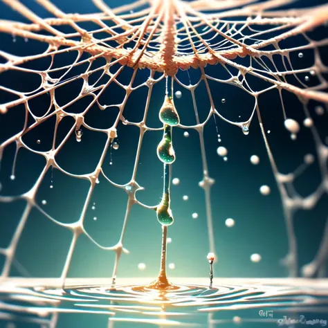 A dewdrop clinging to a spiderweb in the morning light, with intricate details of the web strands and the glistening water droplet