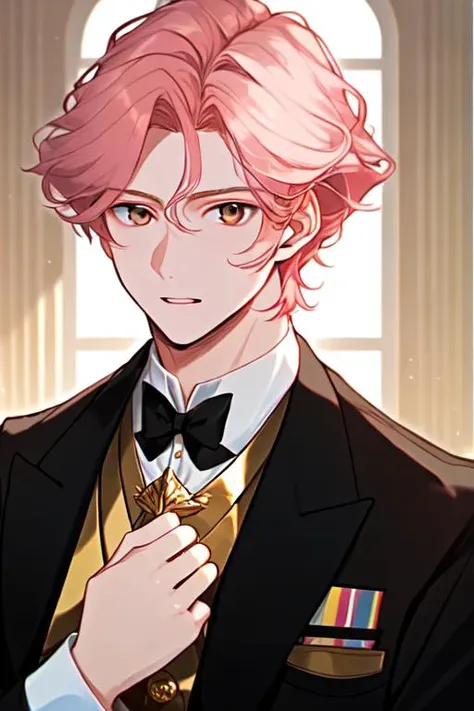 Clark Johanne(Young british man, unrulely golden-pink hair, brown eyes, beautiful face, fit) royal suit, determined look on his face