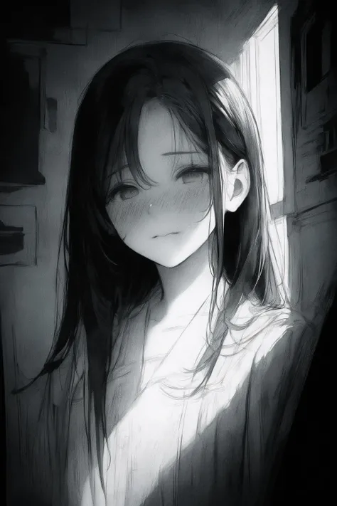 thick outlines, monochrome, hyper detailed, hyper quality, (nijisirocute:2), (softly atmosphere, softly illustration, softly pencil style illustration:1.3), (1 very cute girl:1.3), solo, matte black hair, matte black hair, (straight long hair), full face blush,